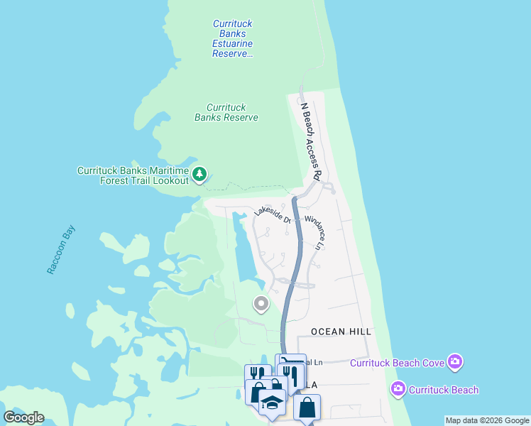 map of restaurants, bars, coffee shops, grocery stores, and more near 1280 Lakeside Drive in Corolla