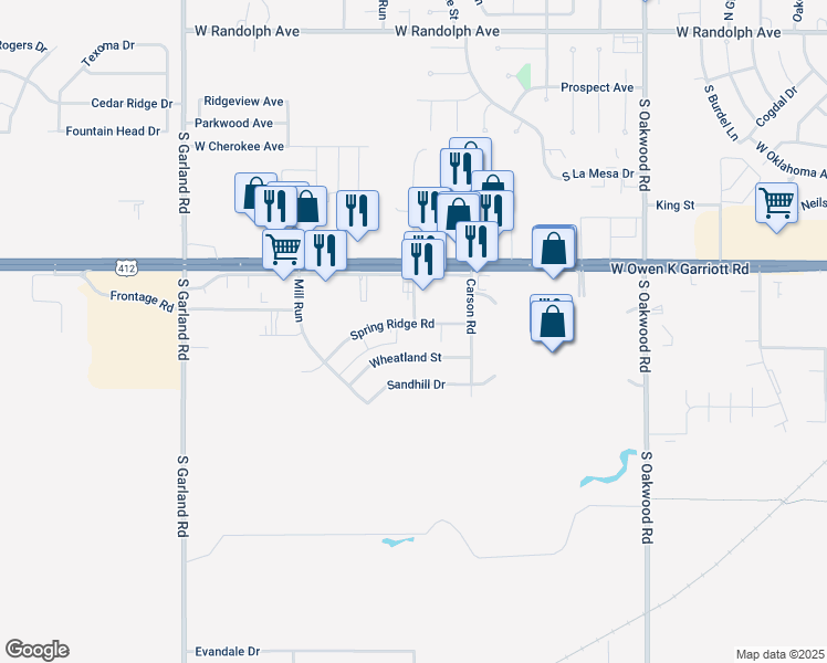 map of restaurants, bars, coffee shops, grocery stores, and more near 4527 Spring Ridge Road in Enid