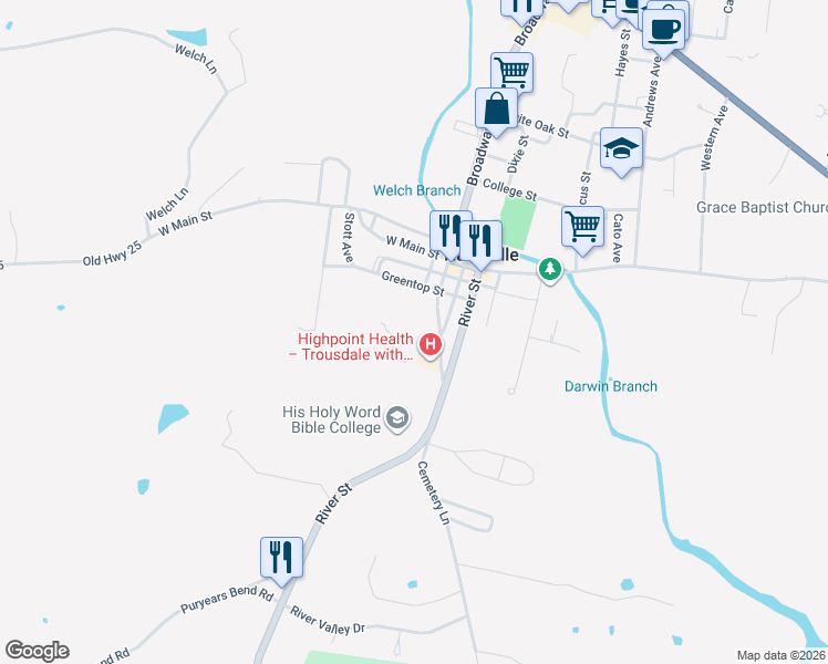 map of restaurants, bars, coffee shops, grocery stores, and more near 314 Church Street in Hartsville