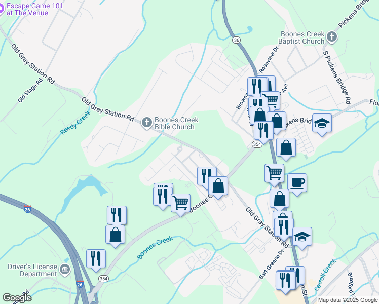 map of restaurants, bars, coffee shops, grocery stores, and more near 104 Daniels Way in Johnson City