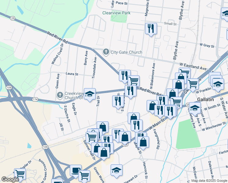 map of restaurants, bars, coffee shops, grocery stores, and more near 635 Long Hollow Pike in Gallatin