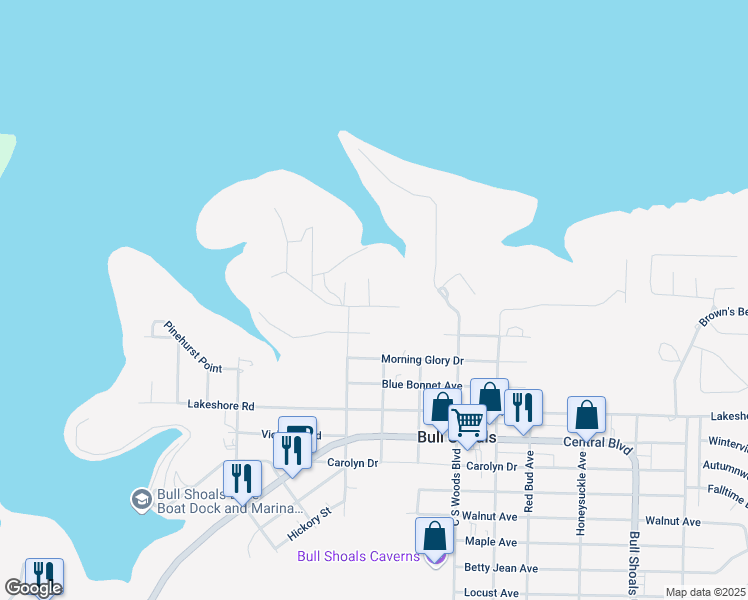 map of restaurants, bars, coffee shops, grocery stores, and more near 104 Castle Lane in Bull Shoals
