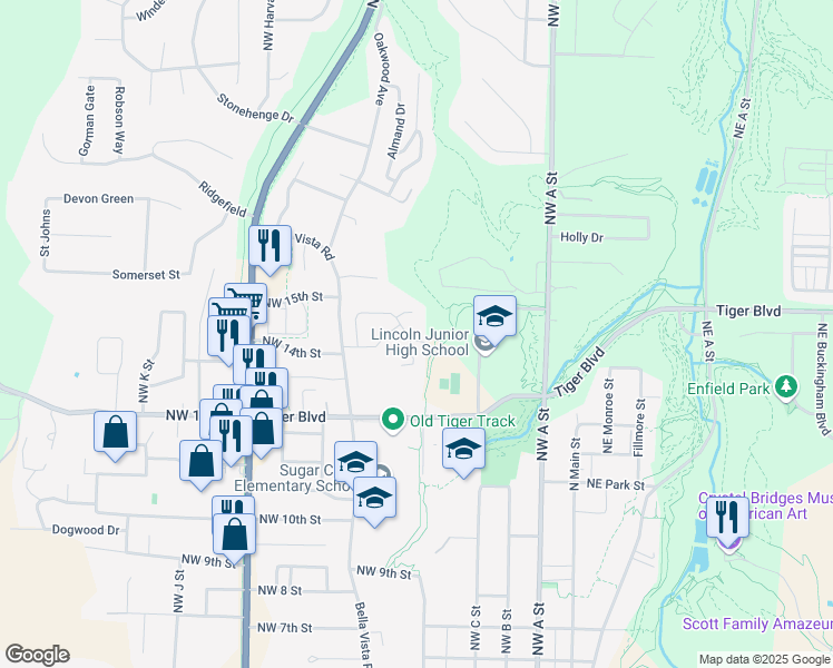 map of restaurants, bars, coffee shops, grocery stores, and more near 402 Camellia Drive in Bentonville
