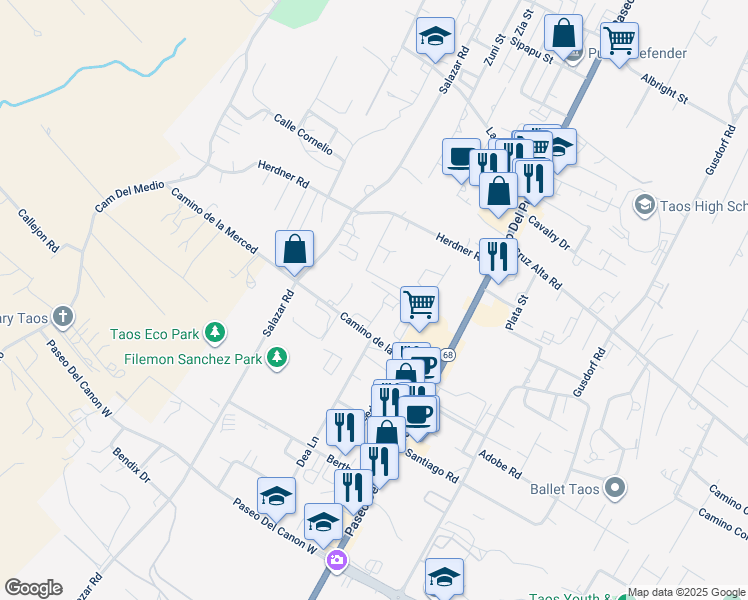 map of restaurants, bars, coffee shops, grocery stores, and more near 201 Camino de la Merced in Taos