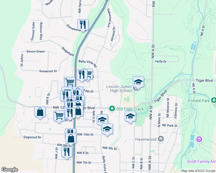 map of restaurants, bars, coffee shops, grocery stores, and more near 508 Braithwaite Street in Bentonville