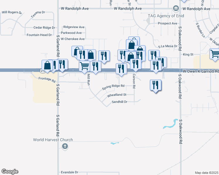 map of restaurants, bars, coffee shops, grocery stores, and more near 4707 Spring Ridge Road in Enid