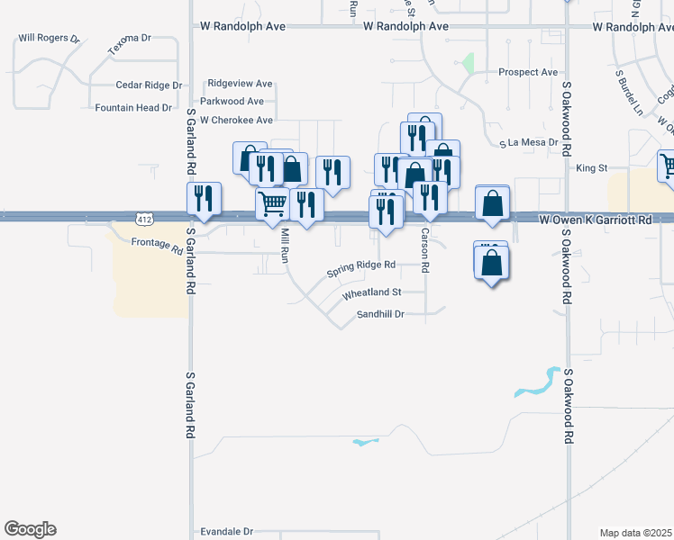 map of restaurants, bars, coffee shops, grocery stores, and more near 4707 Spring Ridge Road in Enid