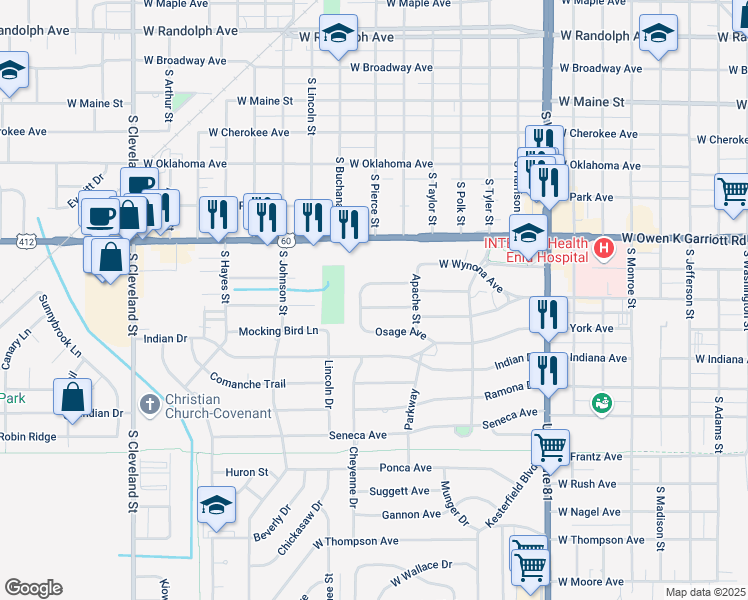 map of restaurants, bars, coffee shops, grocery stores, and more near 1522 Vinita Avenue in Enid