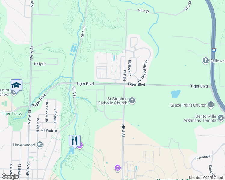map of restaurants, bars, coffee shops, grocery stores, and more near 1006 Tiger Boulevard in Bentonville