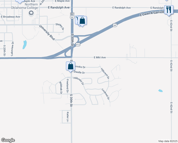 map of restaurants, bars, coffee shops, grocery stores, and more near 3210 Dwelle Drive in Enid