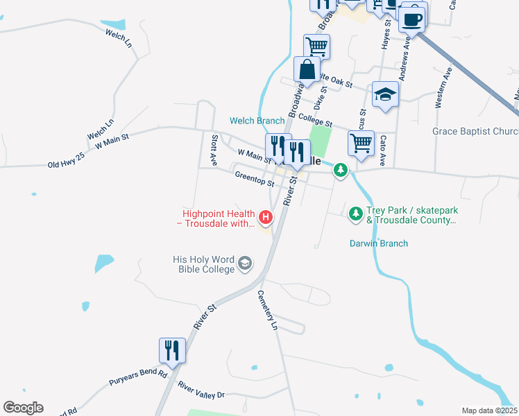 map of restaurants, bars, coffee shops, grocery stores, and more near 314 Church Street in Hartsville