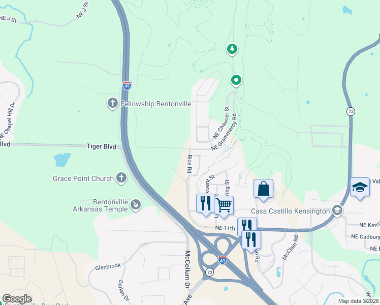 map of restaurants, bars, coffee shops, grocery stores, and more near 1513 Linwood Circle in Bentonville