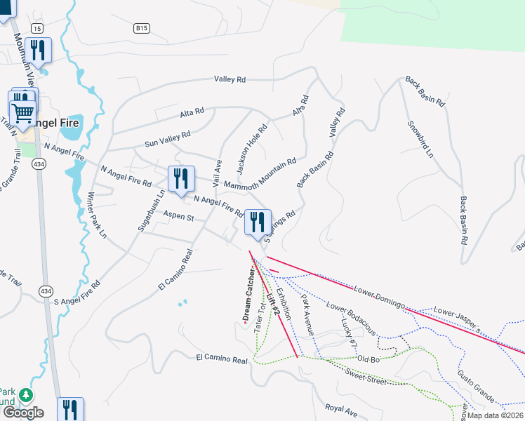 map of restaurants, bars, coffee shops, grocery stores, and more near 2 Jackson Hole Road in Angel Fire