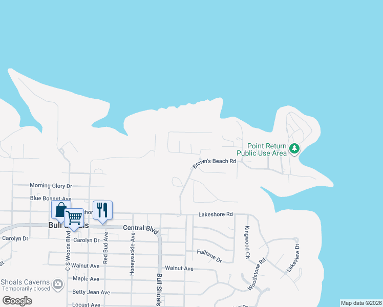map of restaurants, bars, coffee shops, grocery stores, and more near 13 Walden Lane in Bull Shoals