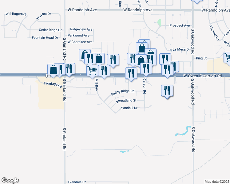 map of restaurants, bars, coffee shops, grocery stores, and more near 4707 Spring Ridge Road in Enid