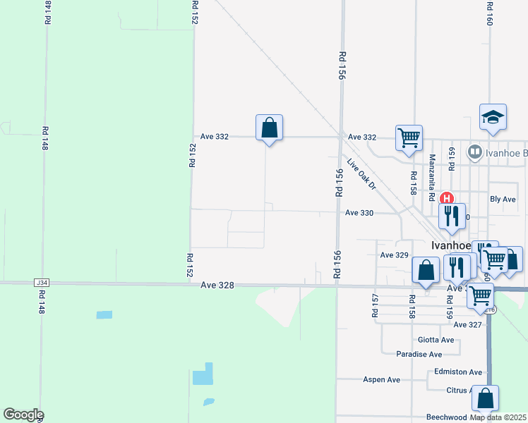 map of restaurants, bars, coffee shops, grocery stores, and more near 15300-15598 Ave 330 in Ivanhoe