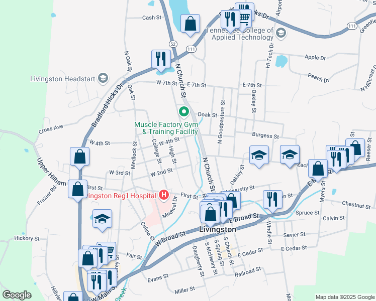 map of restaurants, bars, coffee shops, grocery stores, and more near 201 West 3rd Street in Livingston
