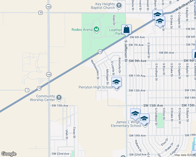 map of restaurants, bars, coffee shops, grocery stores, and more near Northwestern Street in Perryton