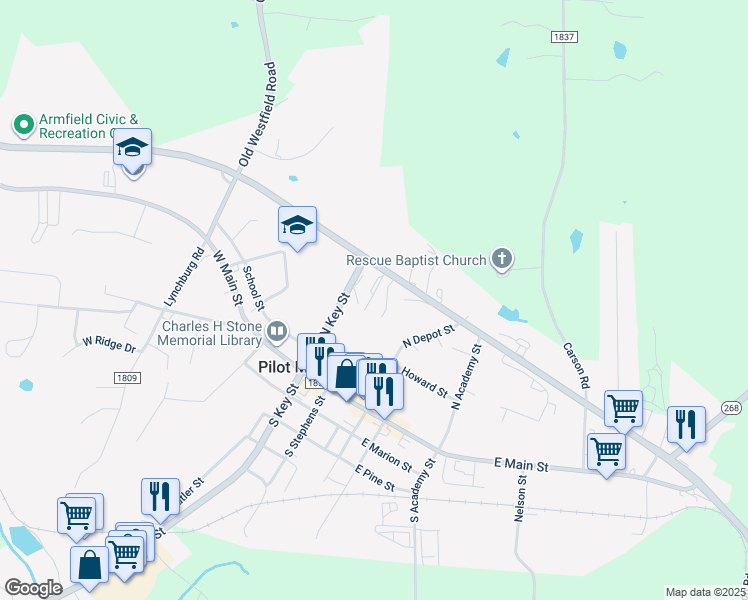 map of restaurants, bars, coffee shops, grocery stores, and more near 318 North Key Street in Pilot Mountain
