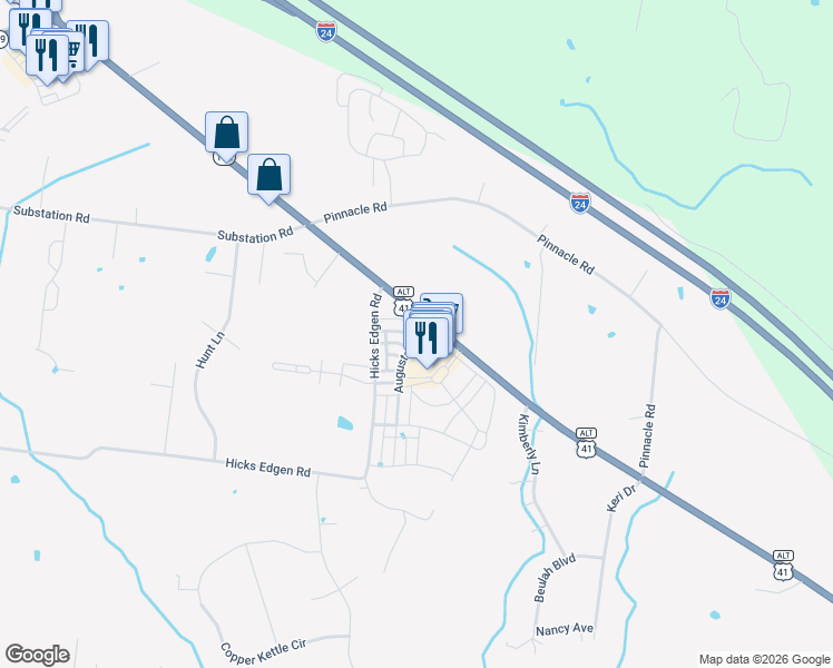 map of restaurants, bars, coffee shops, grocery stores, and more near in Pleasant View