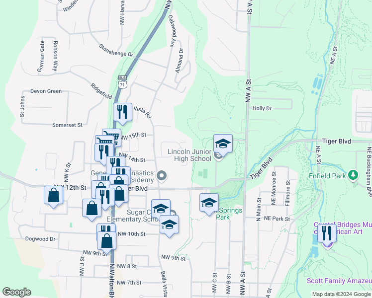 map of restaurants, bars, coffee shops, grocery stores, and more near 402 Camellia Drive in Bentonville