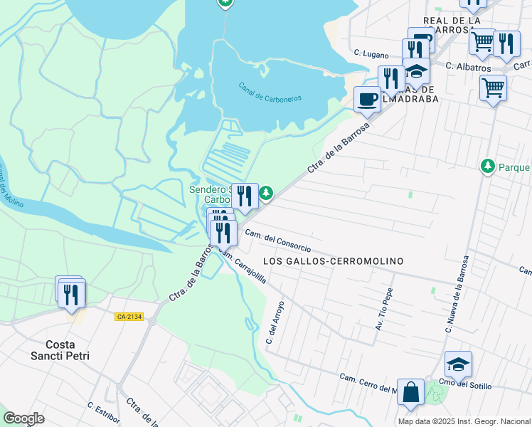 map of restaurants, bars, coffee shops, grocery stores, and more near 647 Carretera de la Barrosa in Chiclana de la Frontera