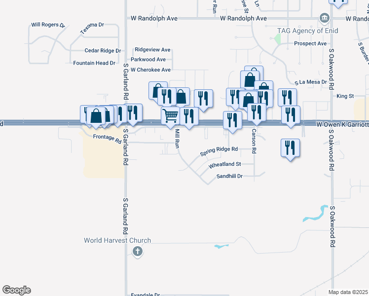 map of restaurants, bars, coffee shops, grocery stores, and more near 4810 Spring Ridge Road in Enid