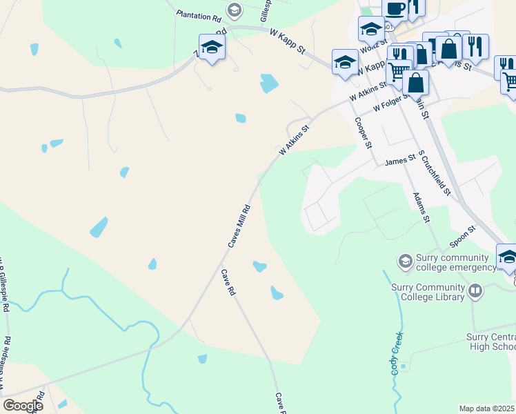 map of restaurants, bars, coffee shops, grocery stores, and more near 741 Caves Mill Road in Dobson