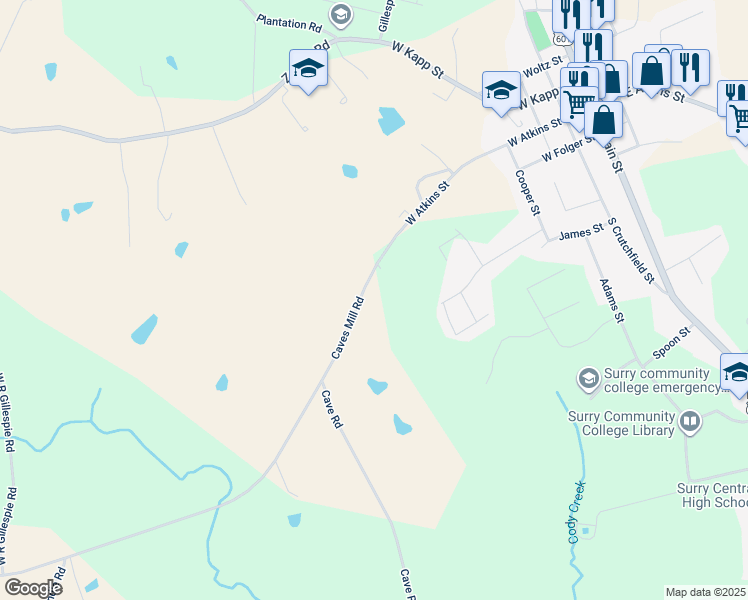 map of restaurants, bars, coffee shops, grocery stores, and more near 741 Caves Mill Road in Dobson