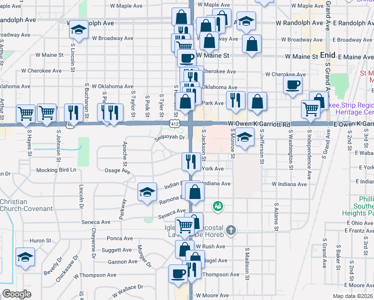 map of restaurants, bars, coffee shops, grocery stores, and more near 801 South Van Buren Street in Enid