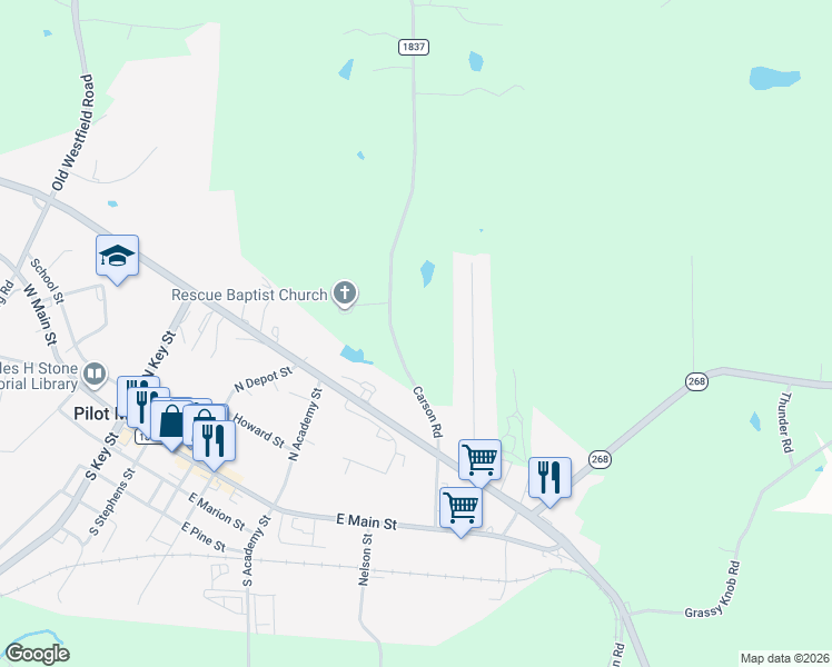 map of restaurants, bars, coffee shops, grocery stores, and more near 342 Carson Road in Pilot Mountain