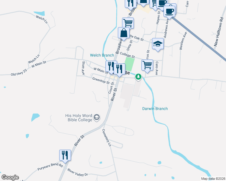 map of restaurants, bars, coffee shops, grocery stores, and more near 220 River Street in Hartsville