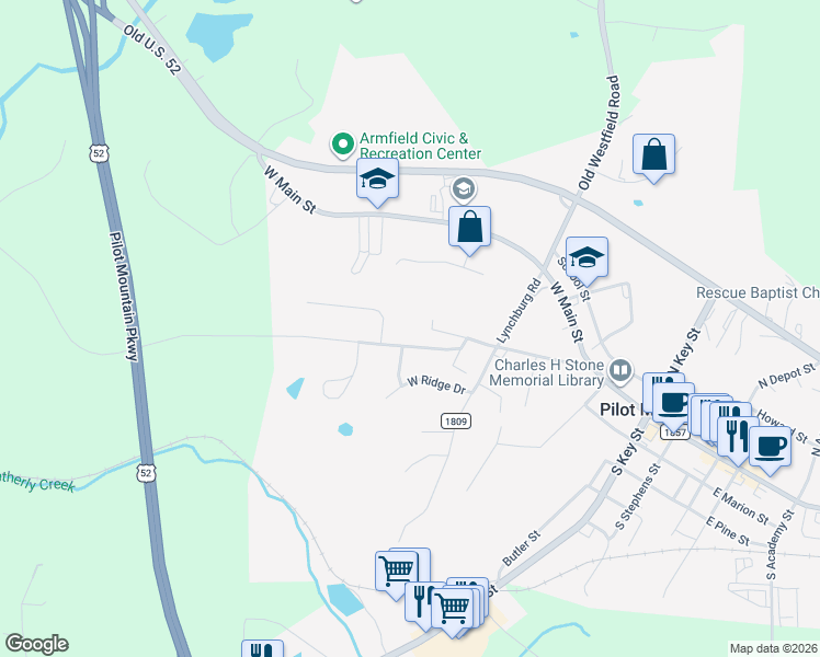 map of restaurants, bars, coffee shops, grocery stores, and more near 832 Dodson Mill Road in Pilot Mountain