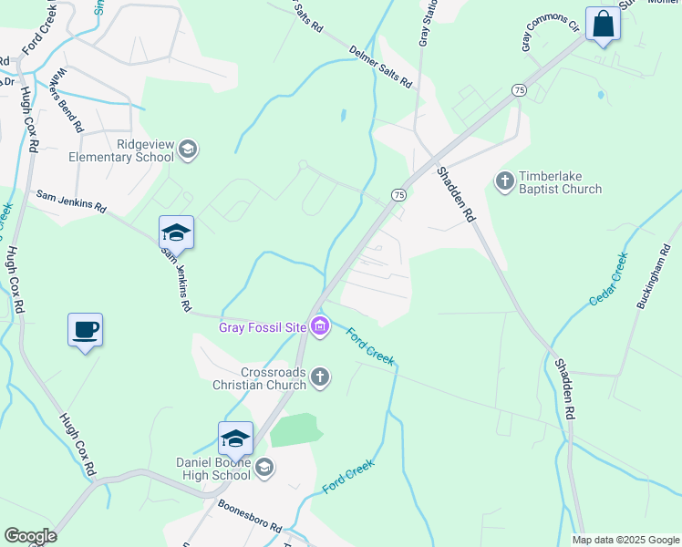 map of restaurants, bars, coffee shops, grocery stores, and more near 109 Hicks Acres Drive in Gray