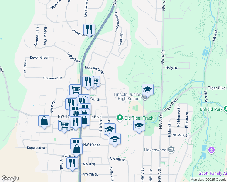 map of restaurants, bars, coffee shops, grocery stores, and more near 508 Braithwaite Street in Bentonville