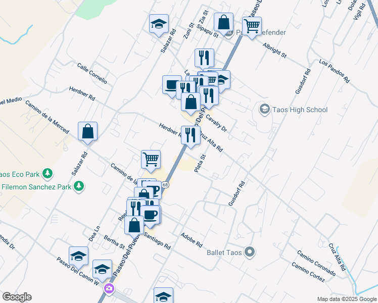 map of restaurants, bars, coffee shops, grocery stores, and more near 999 Paseo Del Pueblo Sur in Taos
