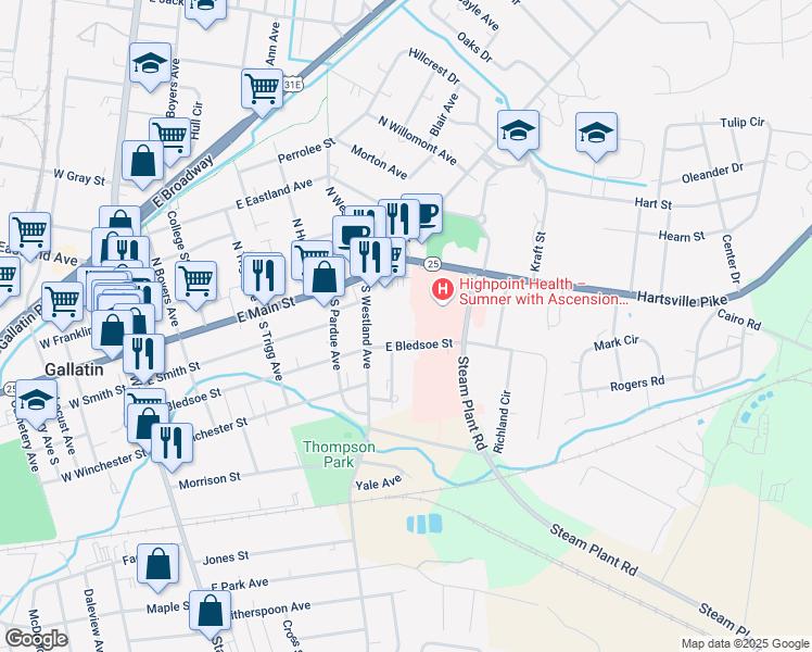 map of restaurants, bars, coffee shops, grocery stores, and more near 553 East Bledsoe Street in Gallatin