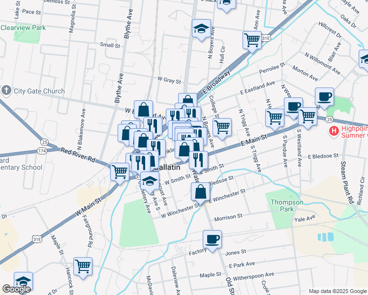 map of restaurants, bars, coffee shops, grocery stores, and more near 132 North Water Avenue in Gallatin
