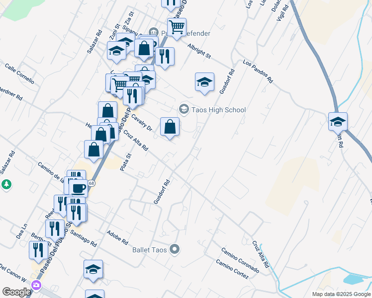 map of restaurants, bars, coffee shops, grocery stores, and more near 750 Gusdorf Road in Taos