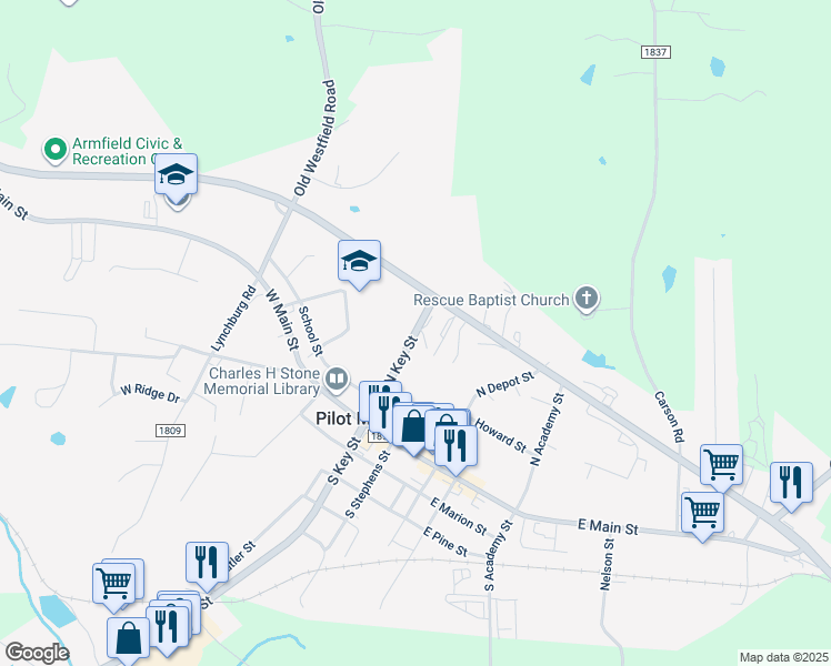 map of restaurants, bars, coffee shops, grocery stores, and more near 318 North Key Street in Pilot Mountain