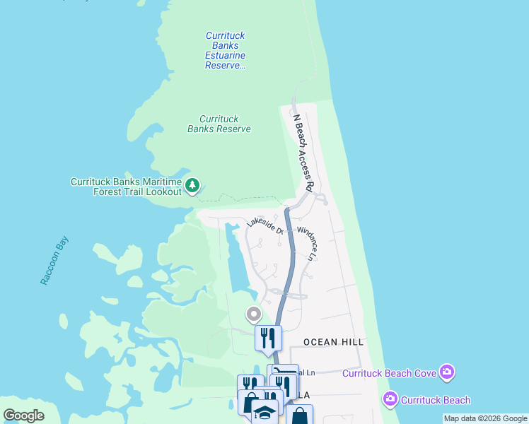 map of restaurants, bars, coffee shops, grocery stores, and more near 1280 Lakeside Drive in Corolla