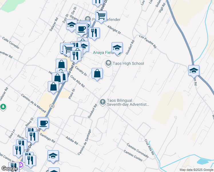 map of restaurants, bars, coffee shops, grocery stores, and more near 750 Gusdorf Road in Taos