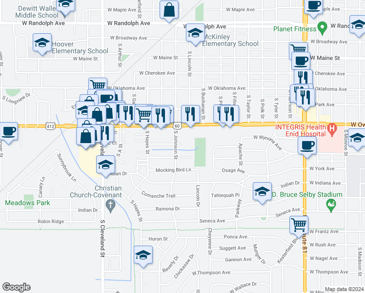 map of restaurants, bars, coffee shops, grocery stores, and more near 1700 Mosher Drive in Enid