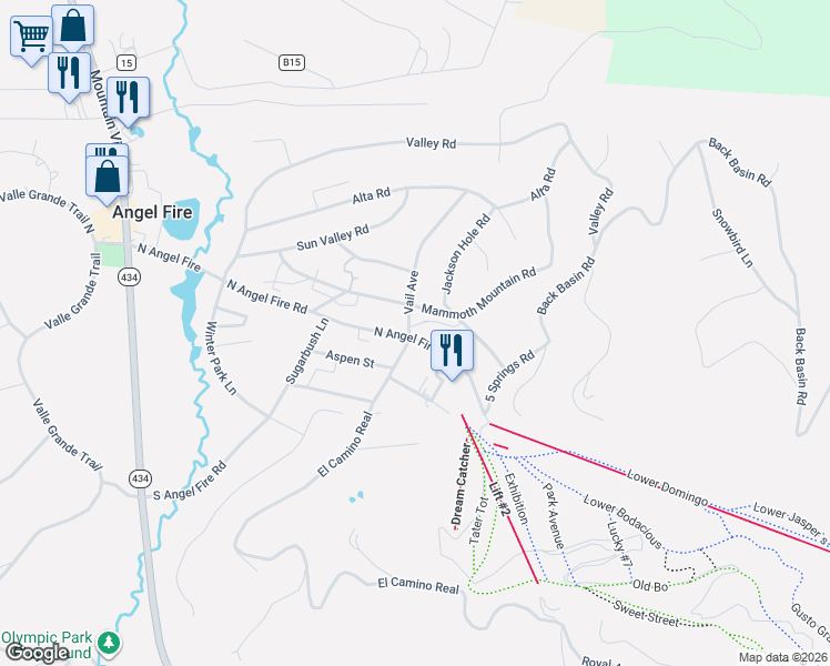 map of restaurants, bars, coffee shops, grocery stores, and more near 31 Vail Avenue in Angel Fire