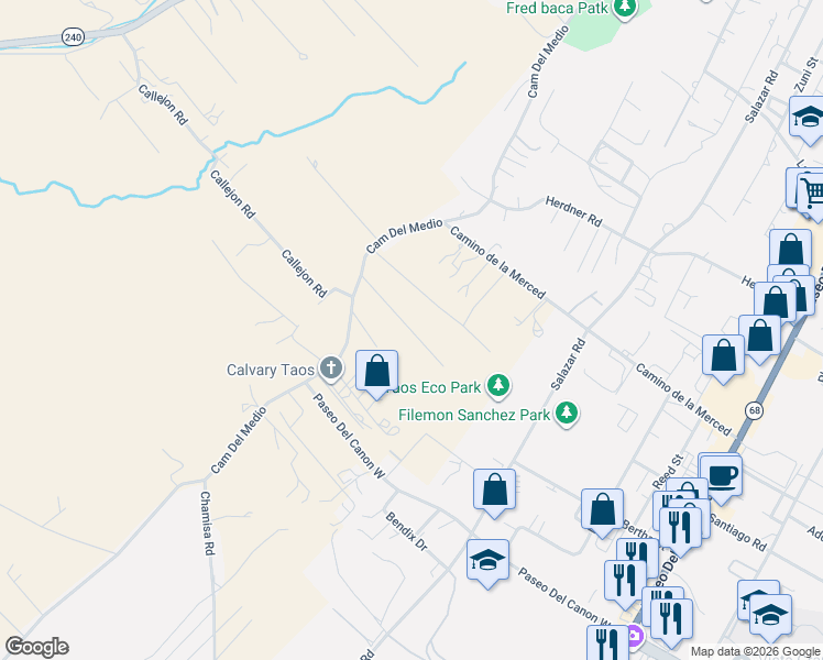 map of restaurants, bars, coffee shops, grocery stores, and more near Aguirre Lane in Taos