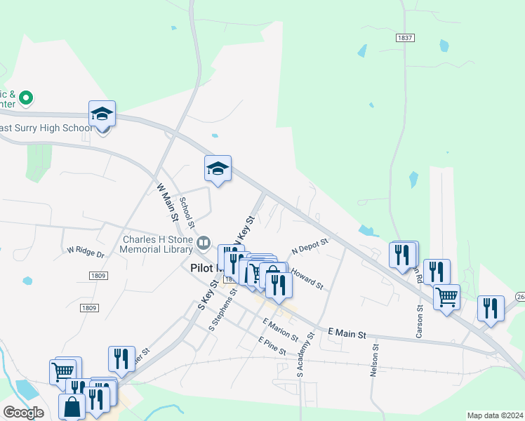 map of restaurants, bars, coffee shops, grocery stores, and more near 320 North Key Street in Pilot Mountain