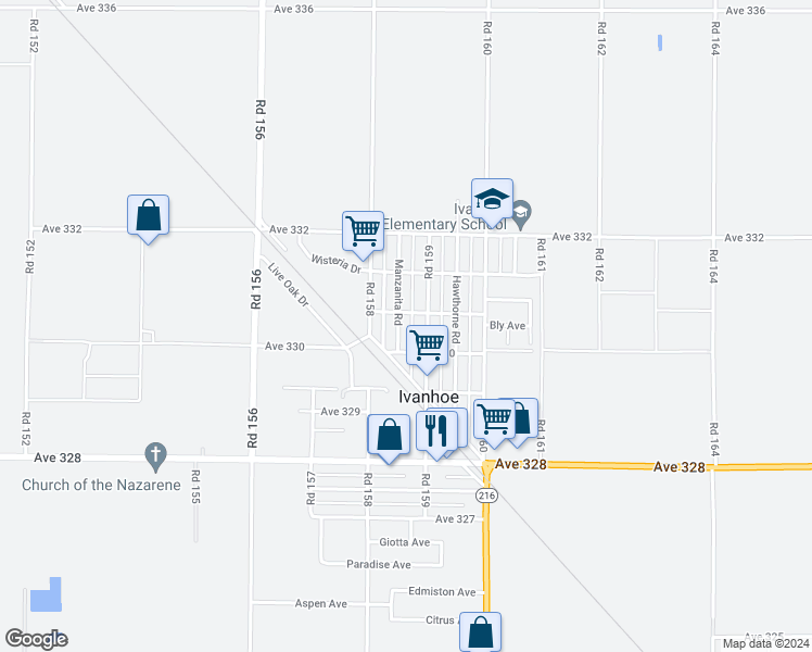 map of restaurants, bars, coffee shops, grocery stores, and more near 33036 Manzanita Road in Ivanhoe