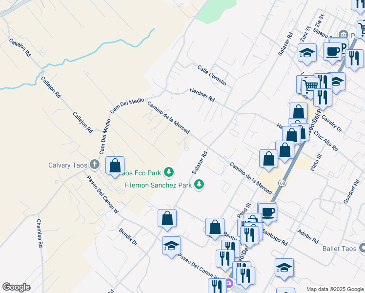 map of restaurants, bars, coffee shops, grocery stores, and more near 320 Camino de la Merced in Taos
