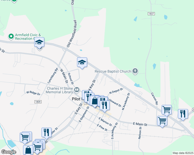 map of restaurants, bars, coffee shops, grocery stores, and more near 320 North Key Street in Pilot Mountain