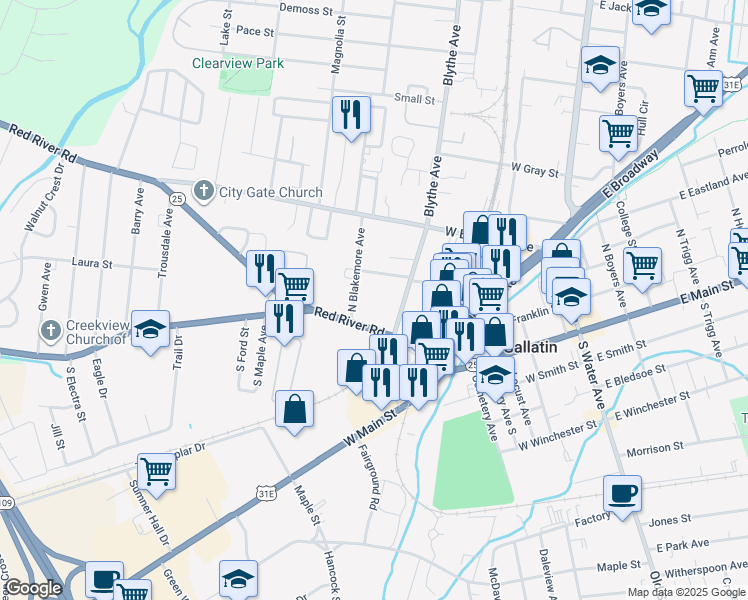map of restaurants, bars, coffee shops, grocery stores, and more near 102 Old State Highway 109 in Gallatin